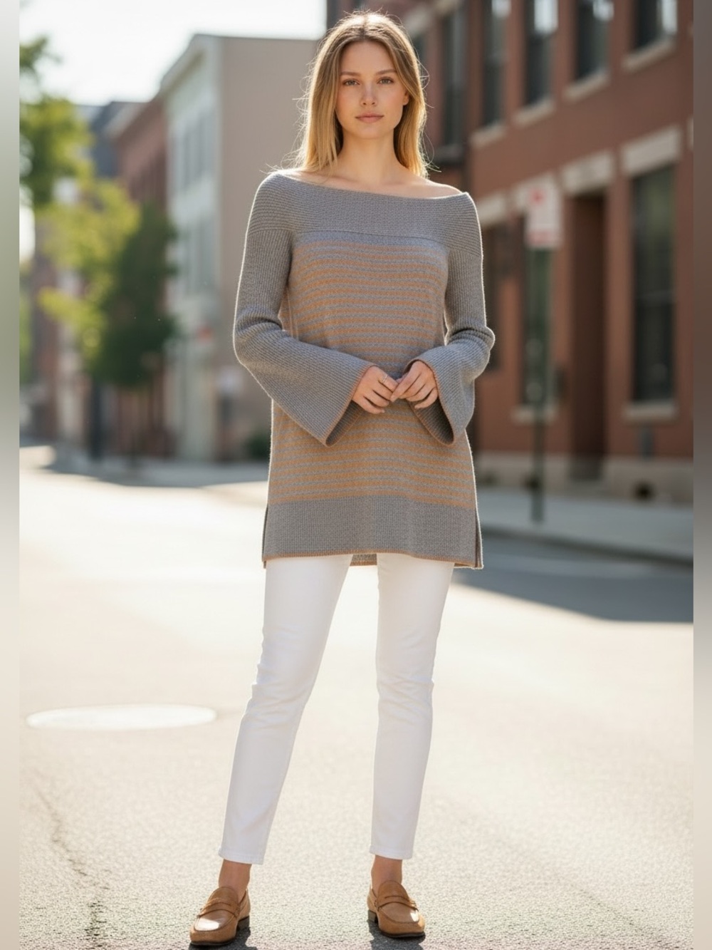 Anthropologie “Elise” Ribbed Striped Boat Neck Sweater Tunic